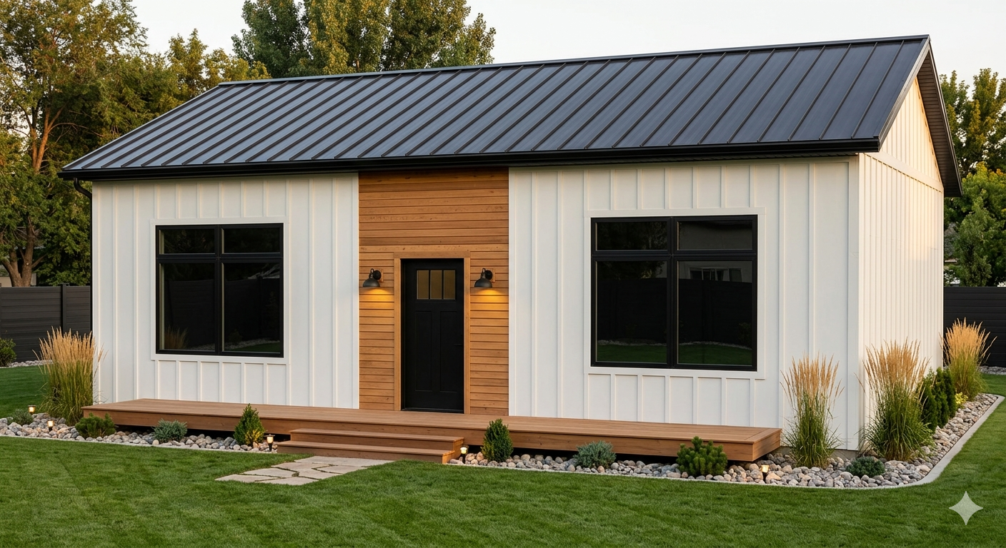 Finished backyard golf simulator shed